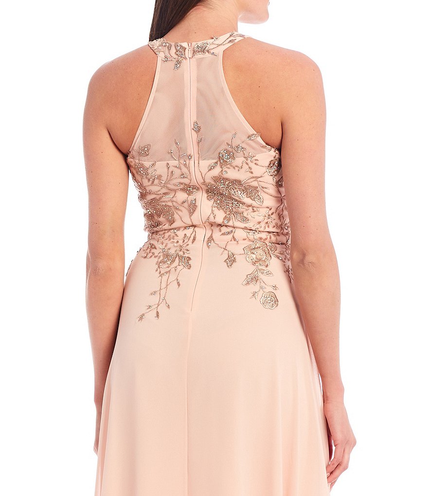 Betsy & Adam Halter Floral Embroidered Chiffon Gown