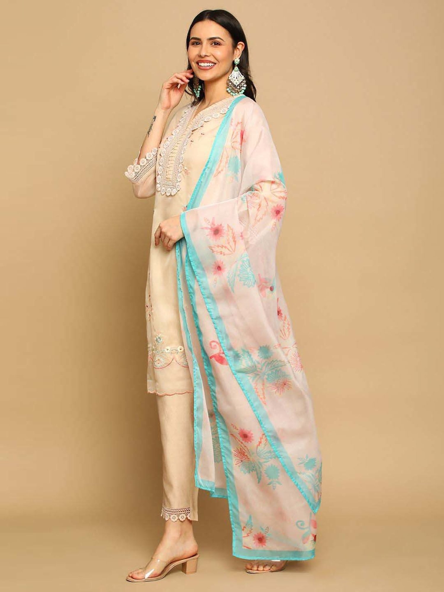 Heeposh Beige Embroidered Kurta Pant Set With Dupatta