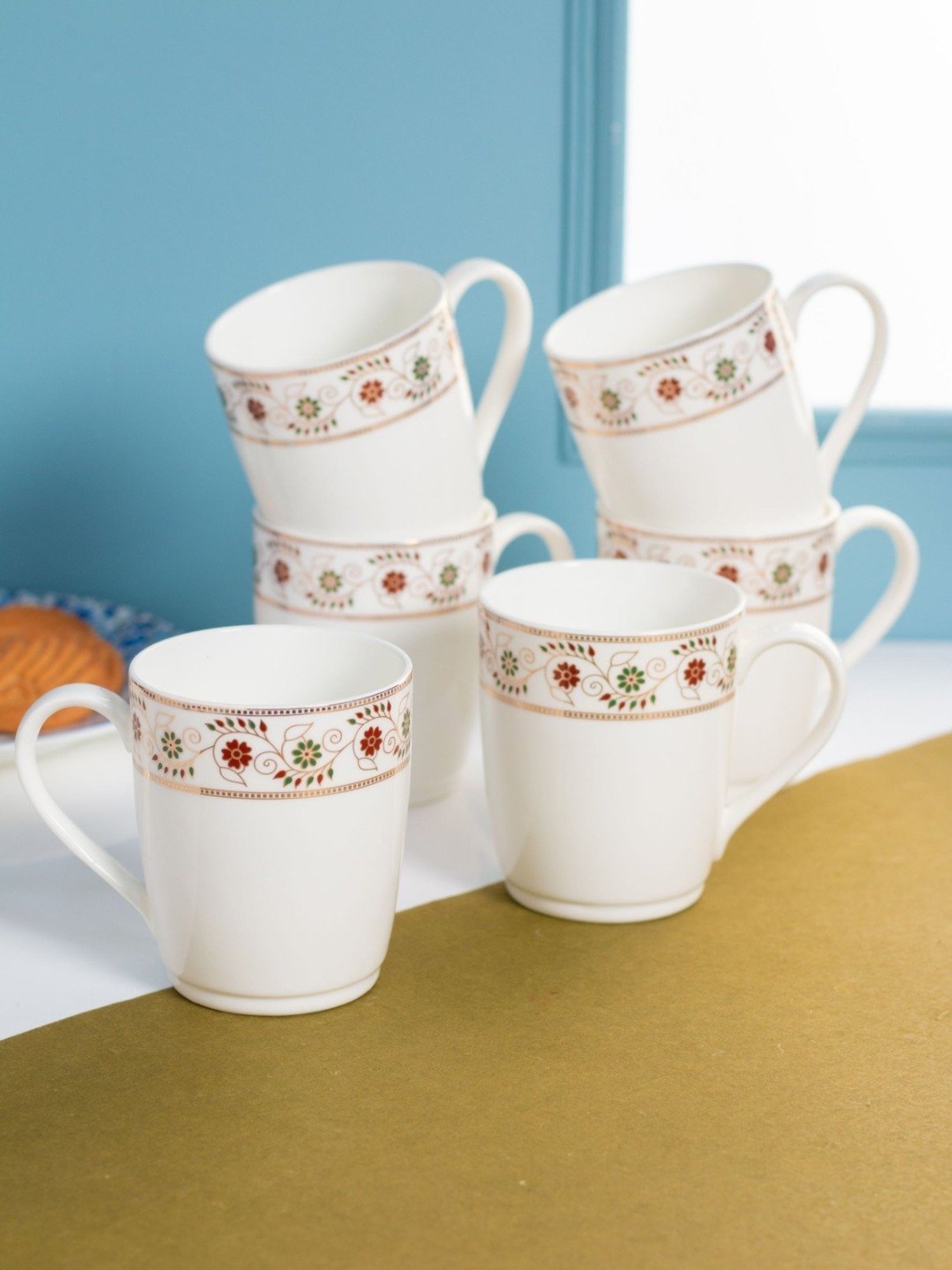 JCPL Printed White Ceramic Tea Cups- Set of 6 (200 ml each)