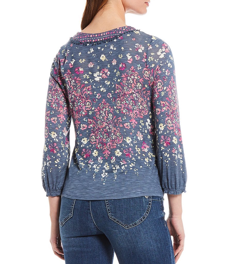 Democracy Floral Placement Print V-Neck Blouson Sleeve Tie-Front Hem Top