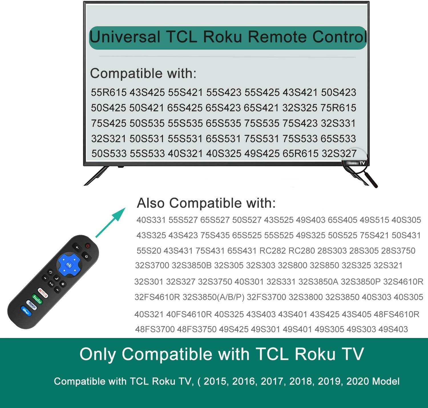 Motiexic Replacement RC280 RC282 Remote Compatible with TCL Roku Smart LED TV with Buttons Netflix, HULU, ROKU-Channel, Disney+ (No Steup Required)