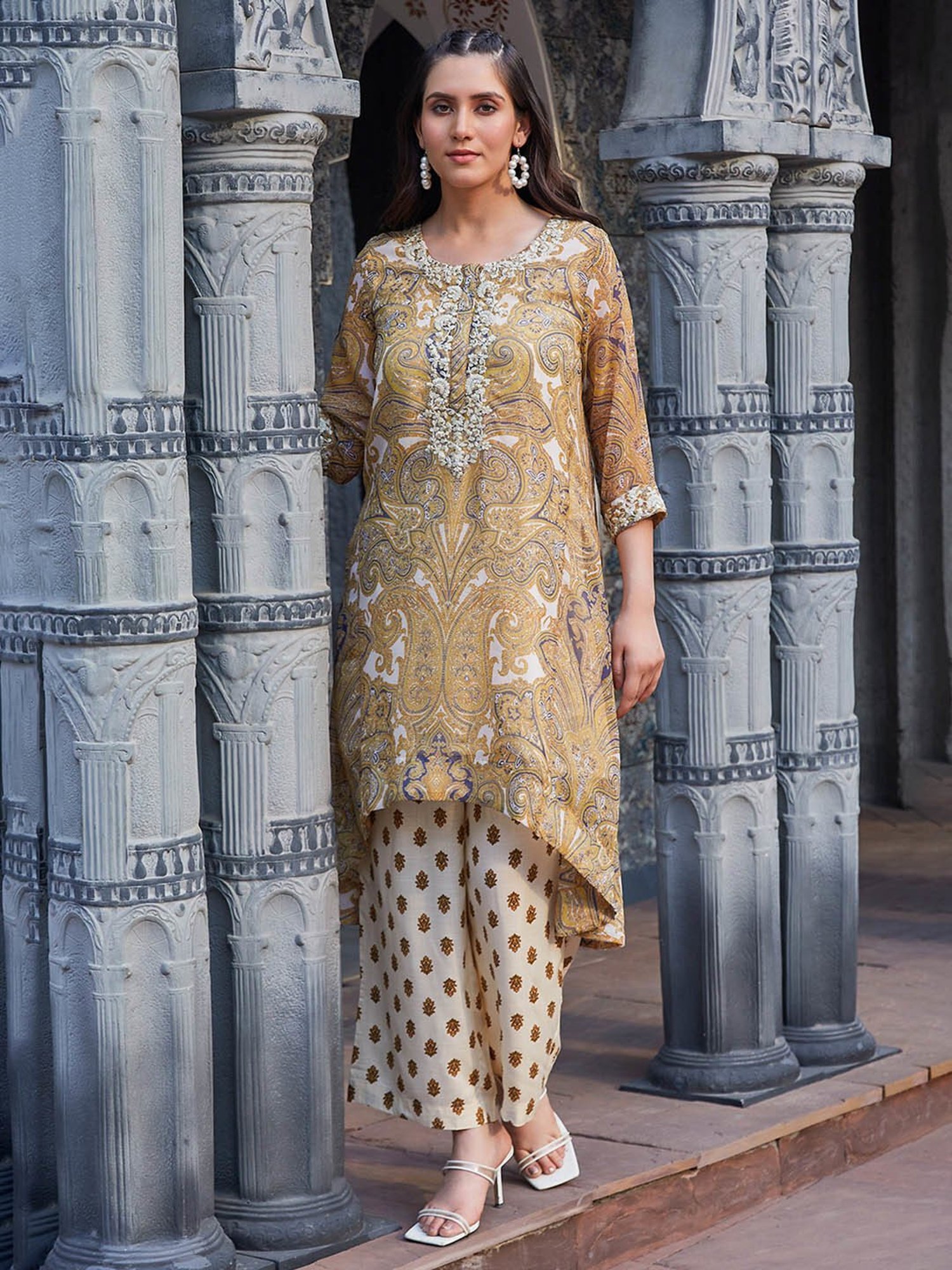 Biba Mustard & White Printed Kurta With Inner & Palazzo Set