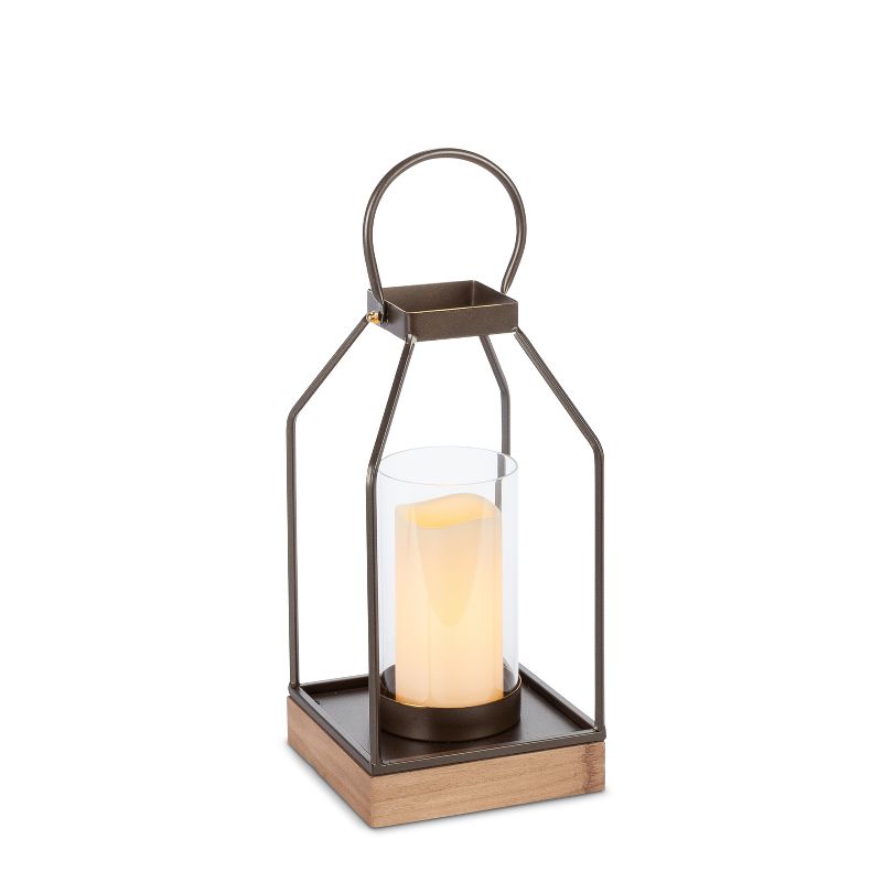 Everlasting Glow 13-Inch Tall Contemporary Bronze-Brown Metal Lantern with Wood Base and Glass Tube (Set of 2)