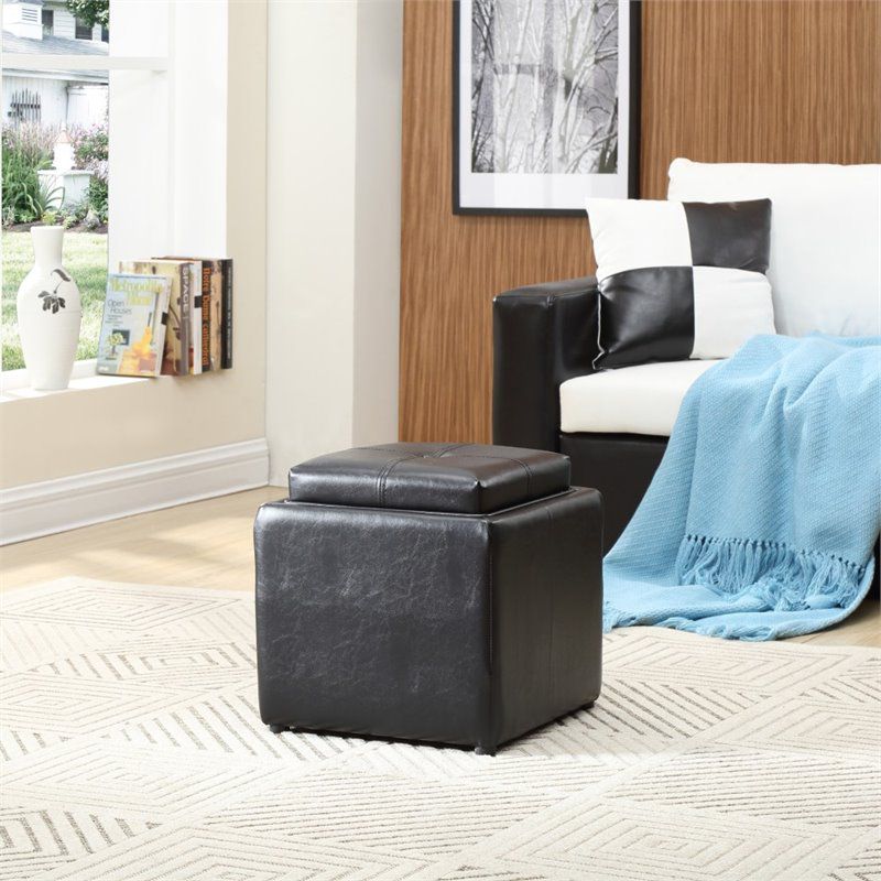 Single Storage Ottoman with 1 Flip over Serving Tray in Black - Hodedah