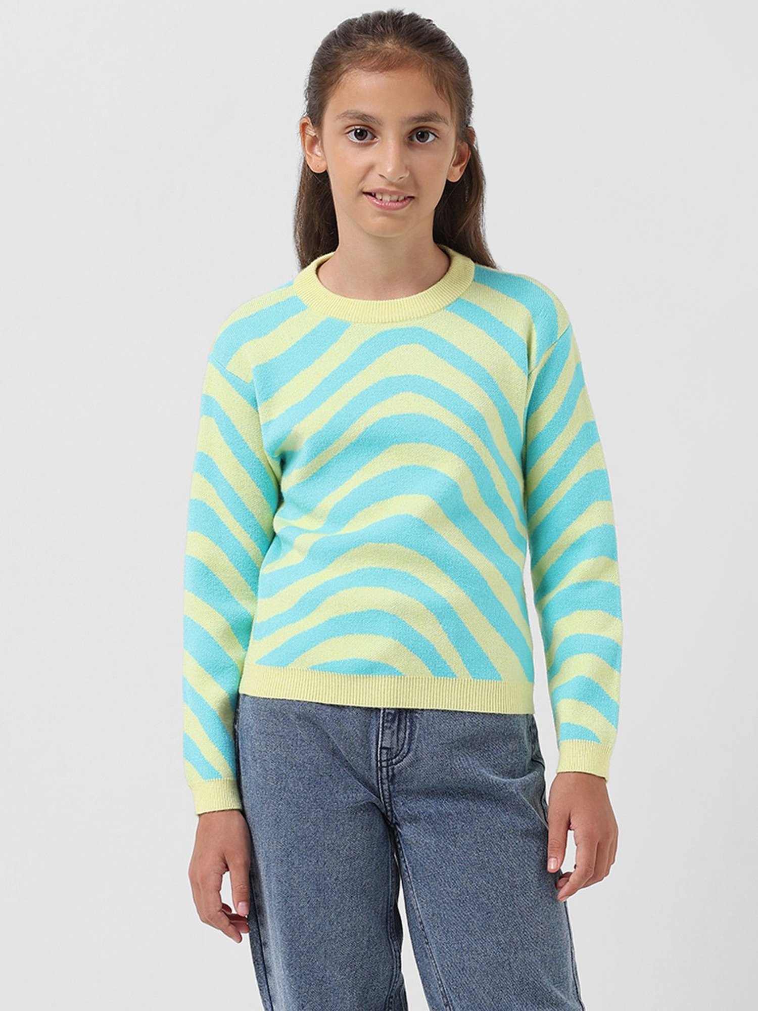 VERO MODA GIRL Blue & Green Printed Full Sleeves Sweater