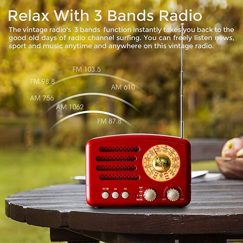 J-160 AM FM Radio Retro Bluetooth Speaker, Transistor Radio Portable Battery Operated Radio with Classical Vintage Look, Built-in USB Port, Micro-SD, AUX Input(Gold)