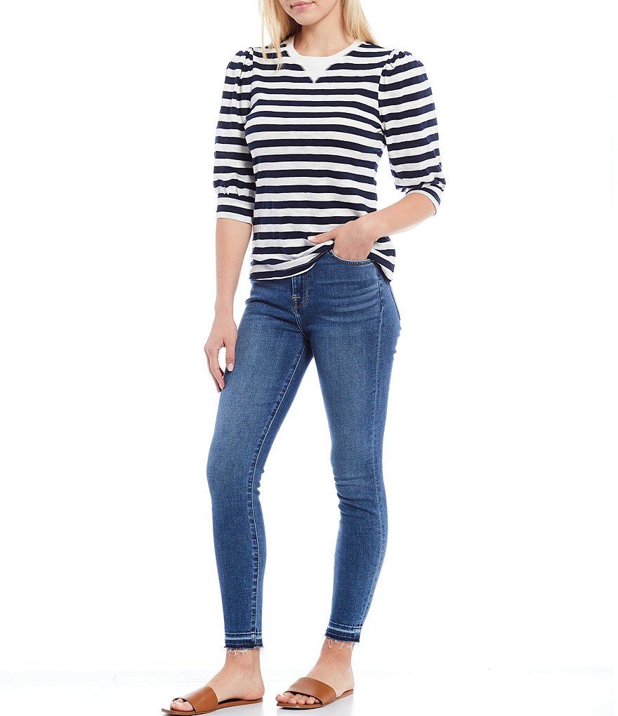 A Loves A Banded Puff Sleeve Knit Striped Tee