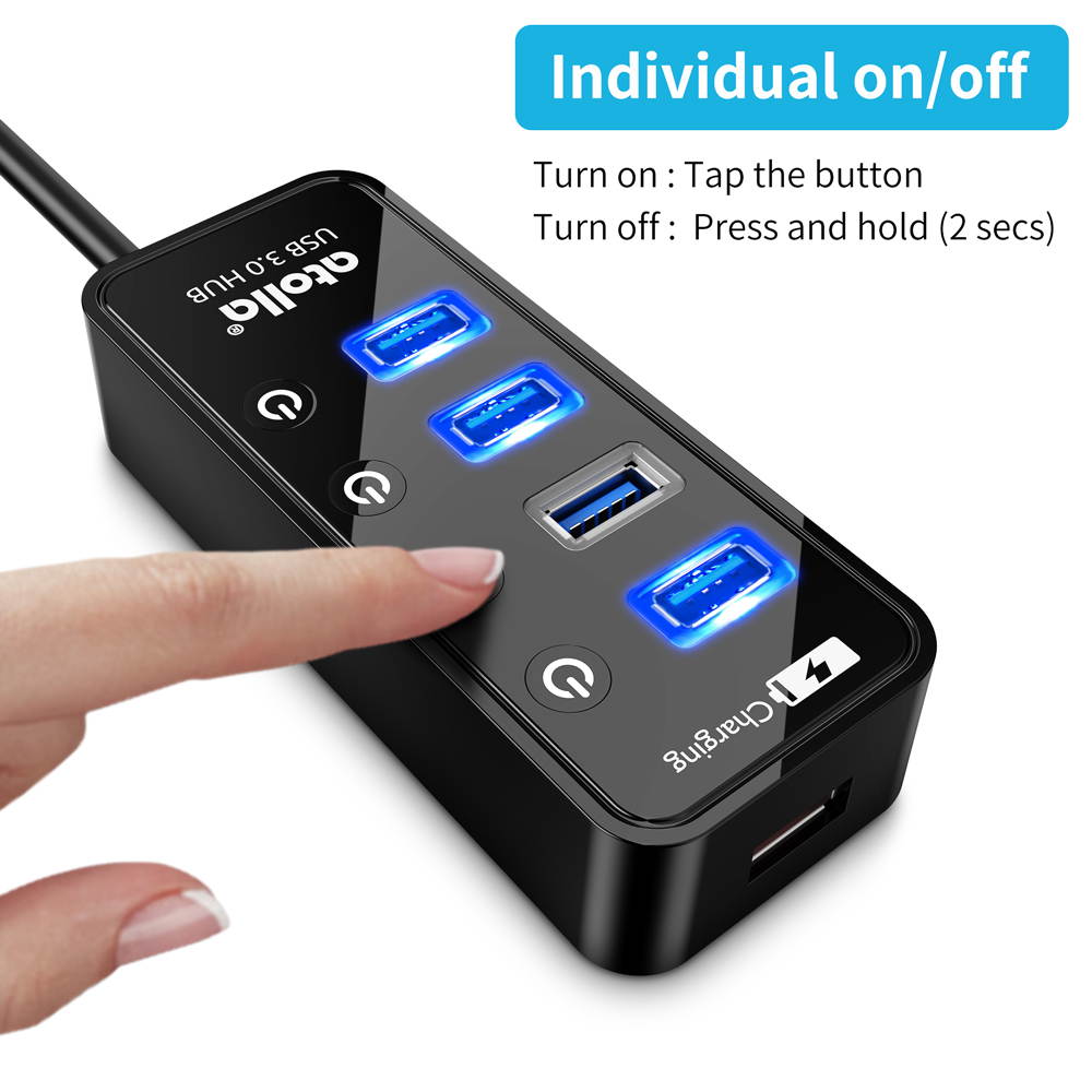 Atolla 4 Port USB Hub-SuperSpeed USB 3.0 Hub- 1 USB Charging Port-On Off Switch-with AC Power Adapter- Powered USB Splitter