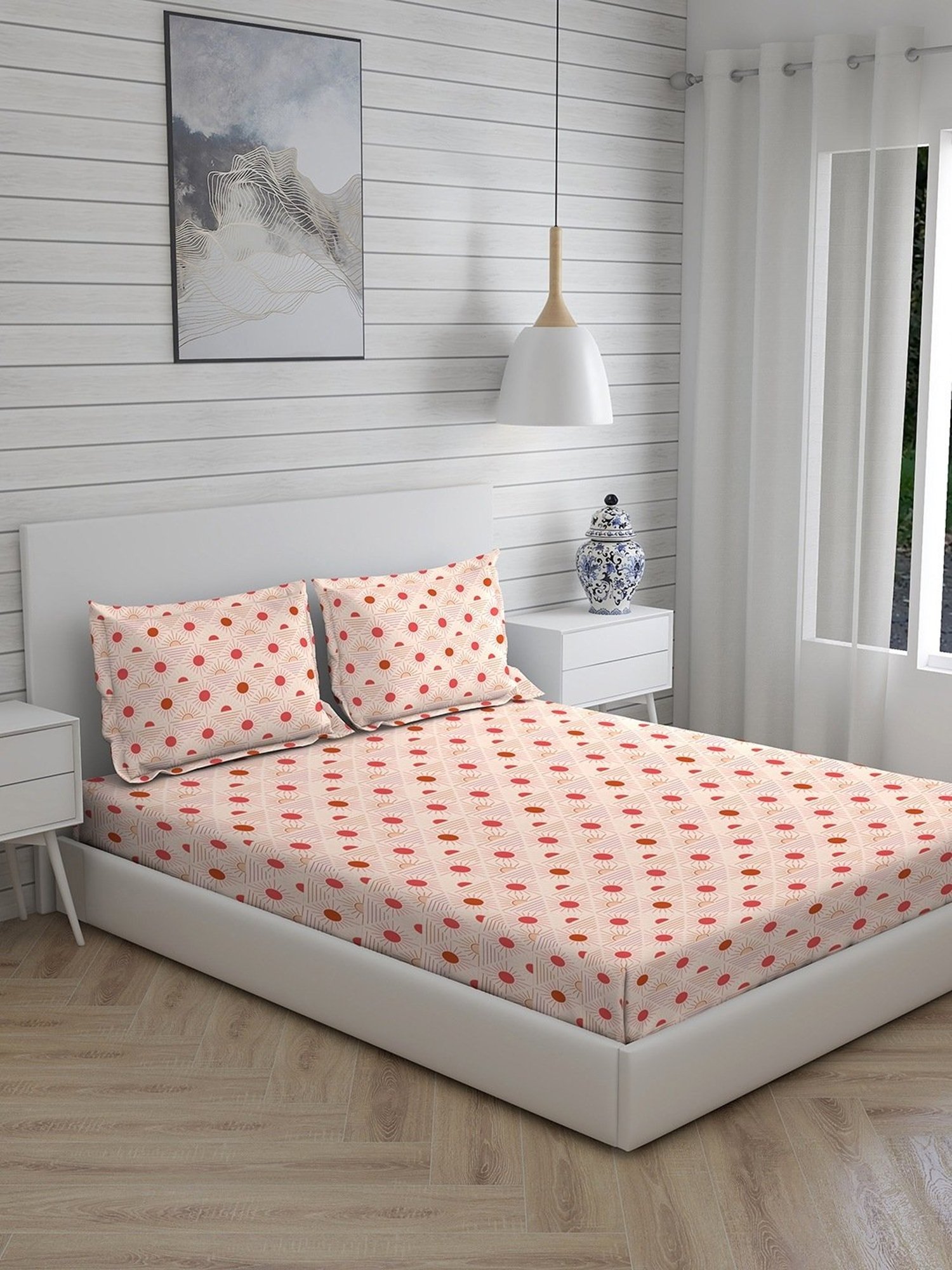 Layers Panchatatva Floral Pink 146 TC Cotton King Bed Sheet with 2 Pillow Covers