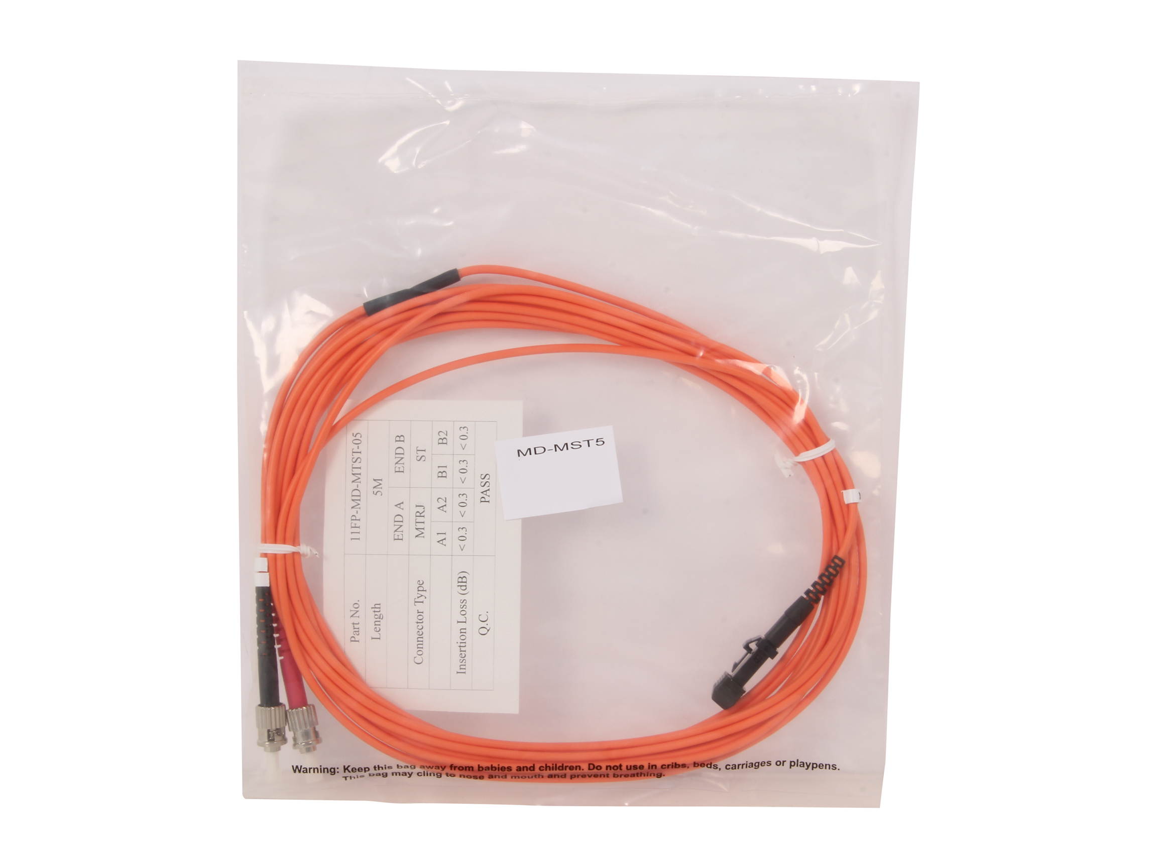 BYTECC MD-MST5 5m MTRJ to ST Duplex (2 Strand) Cable, Multi Mode 62.5/125 Standard Zipcore