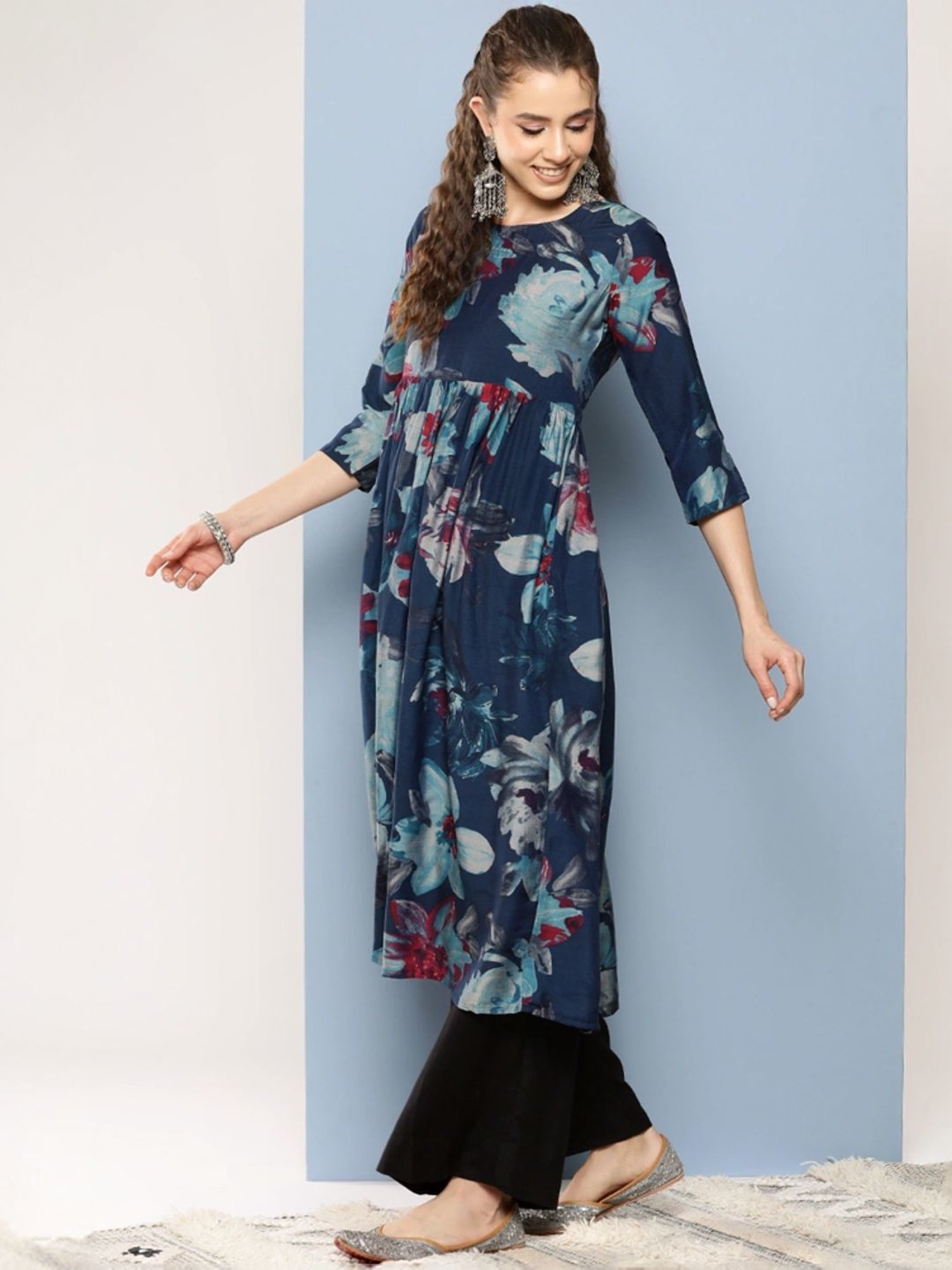 Aarika Blue Floral Print A Line Kurta