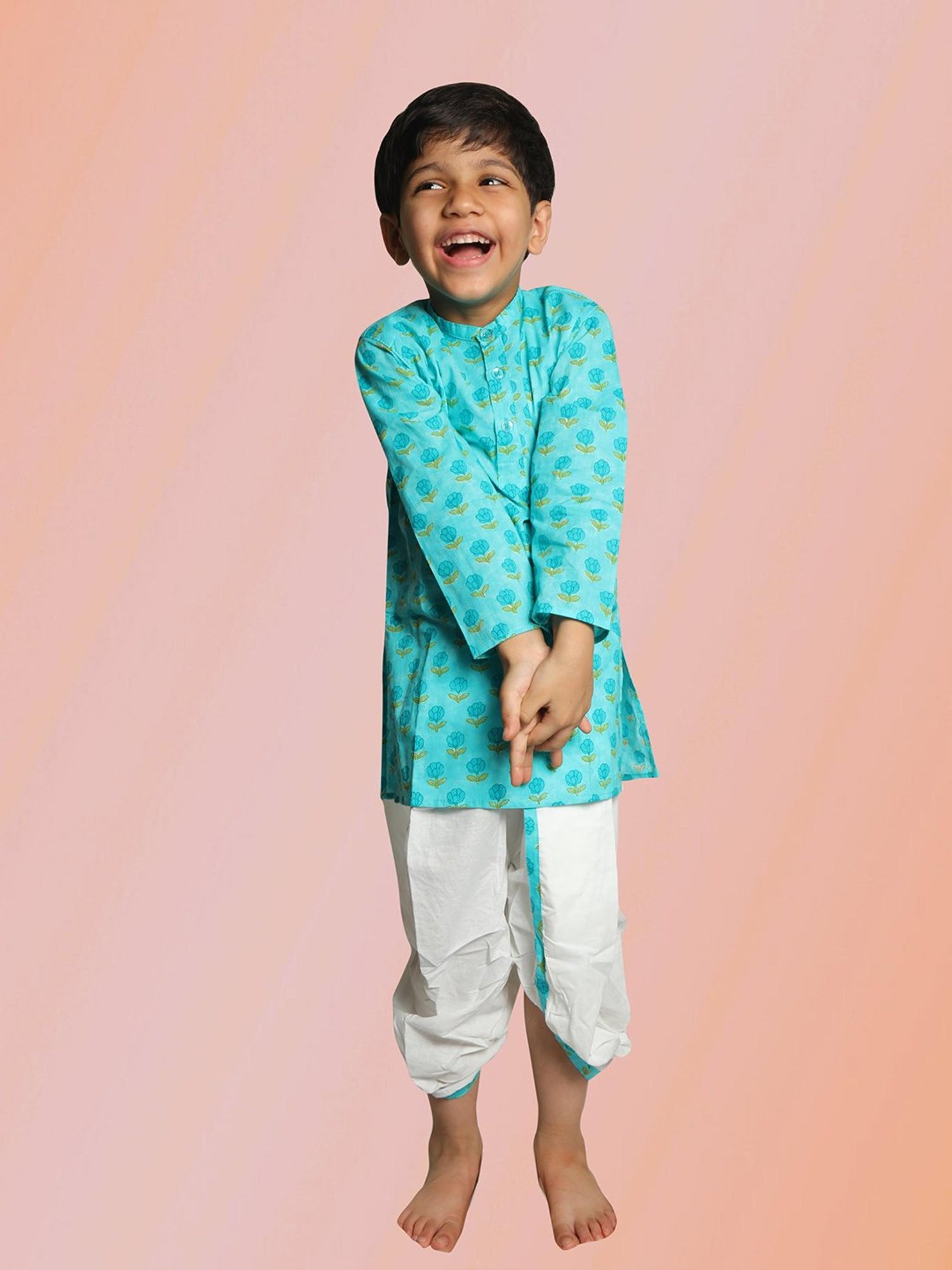 Tippy Top Kids Mint Green & White Printed Full Sleeves Kurta with Dhoti