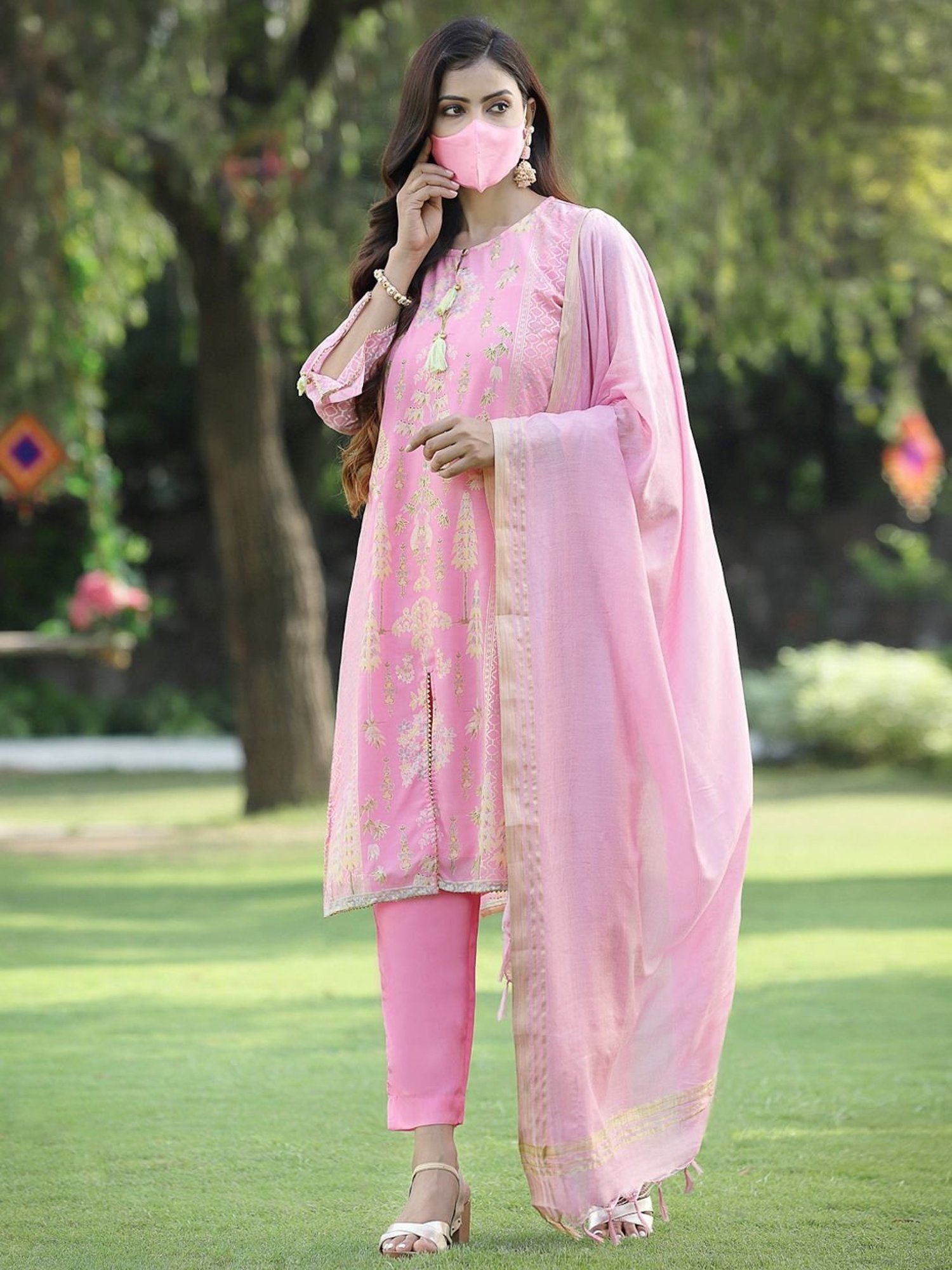Juniper Pink Ethnic Motif Printed Georgette Kurta Pants & Dupatta Set With Tassels & Lace
