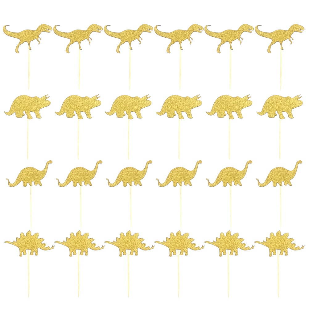 24PCS Golden Dinosaur Cake Toppers Decorative Glittering Animal Cupcake Muffin Food Fruit Picks Party Favors Supplies