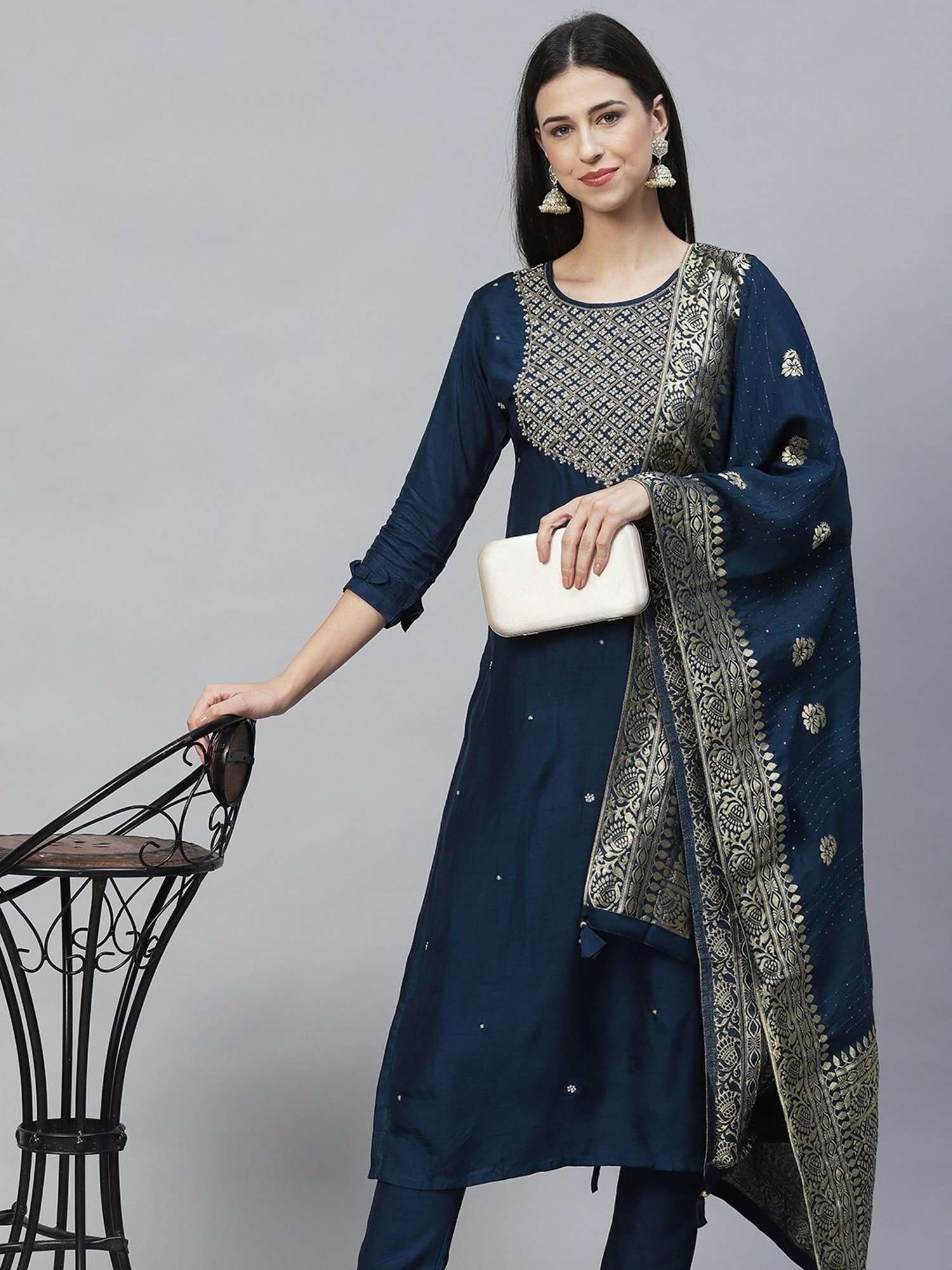Fashor Blue Embroidered Kurta Pant Set With Dupatta