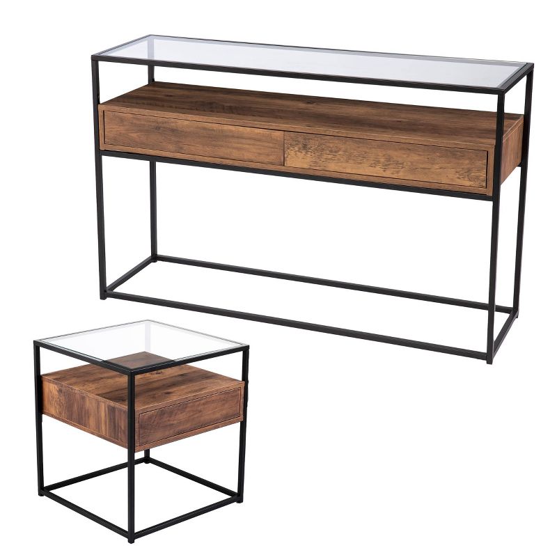 Slehidi Glass Top Console Table with Storage Black/Natural - Aiden Lane