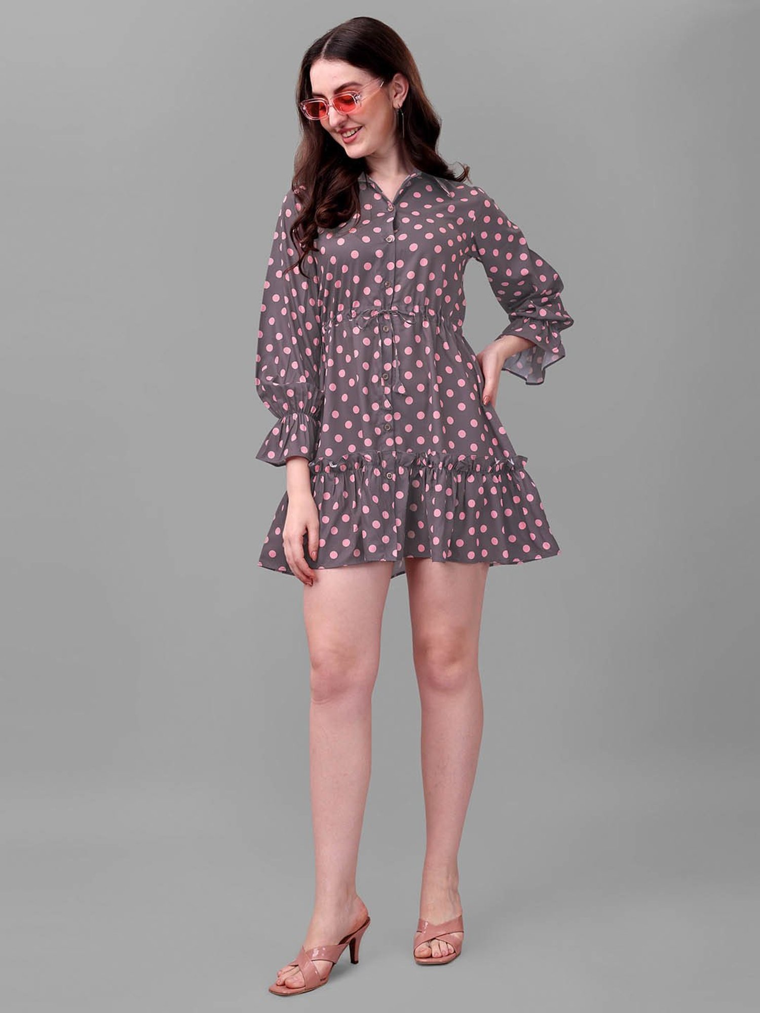 MASAKALI.CO Grey & Pink Polka Dot Shirt Dress