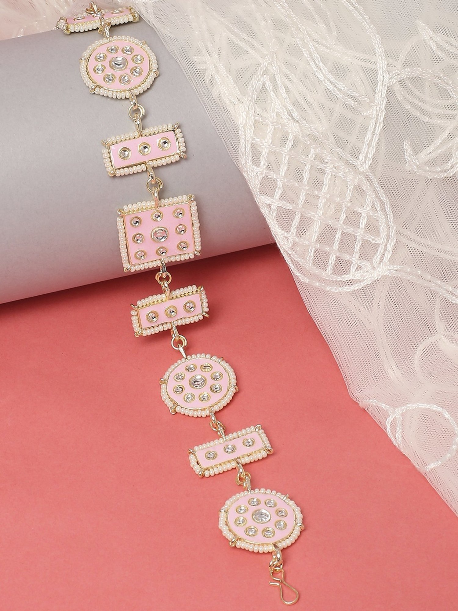 Oomph Pink Meenakari Enamel & Kundan Traditional Wedding Bridal Matha Patti