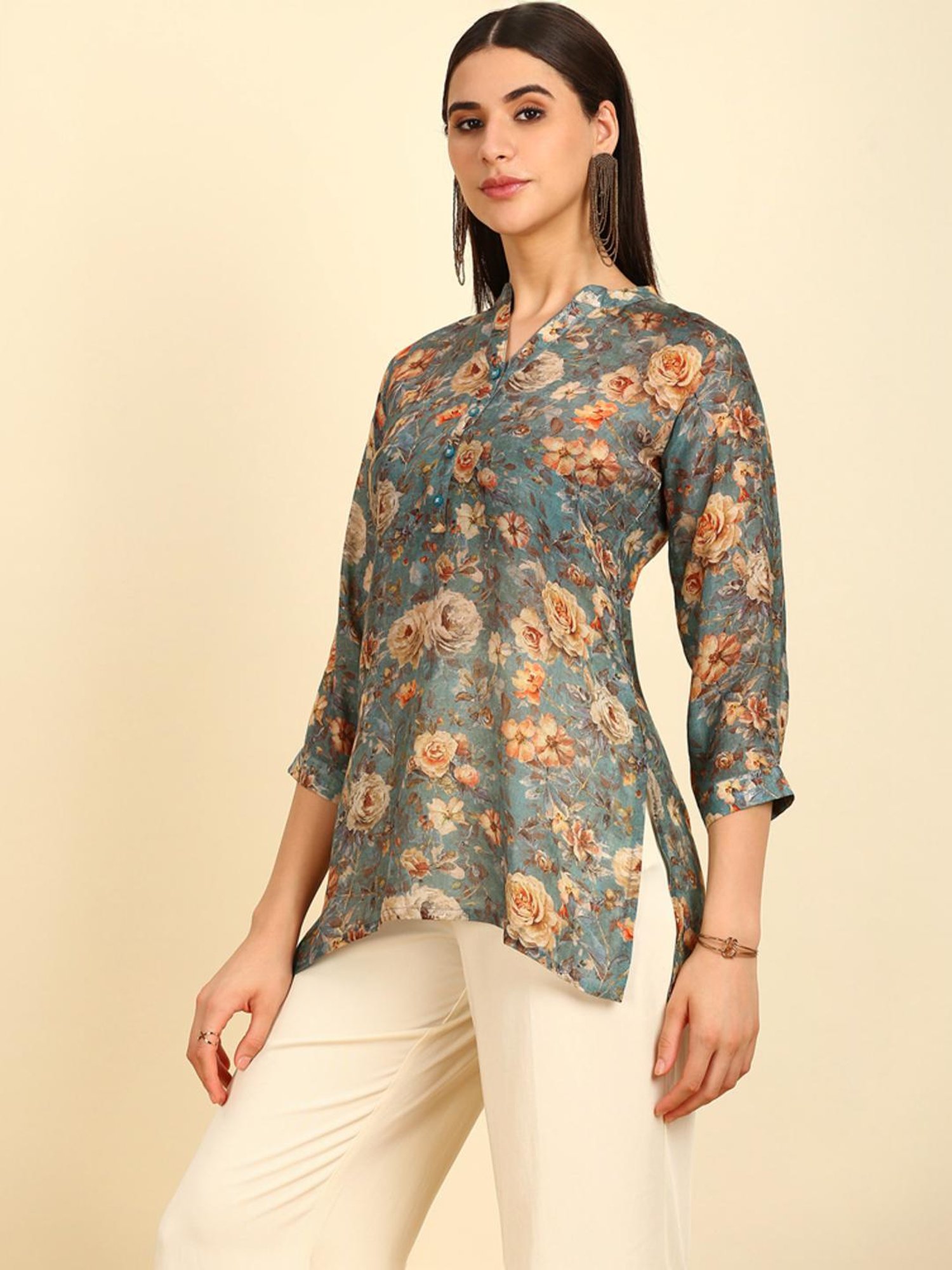 Soch Womens Turquoise Blue Floral Print Mandarin Collar Vicose Muslin Tunic