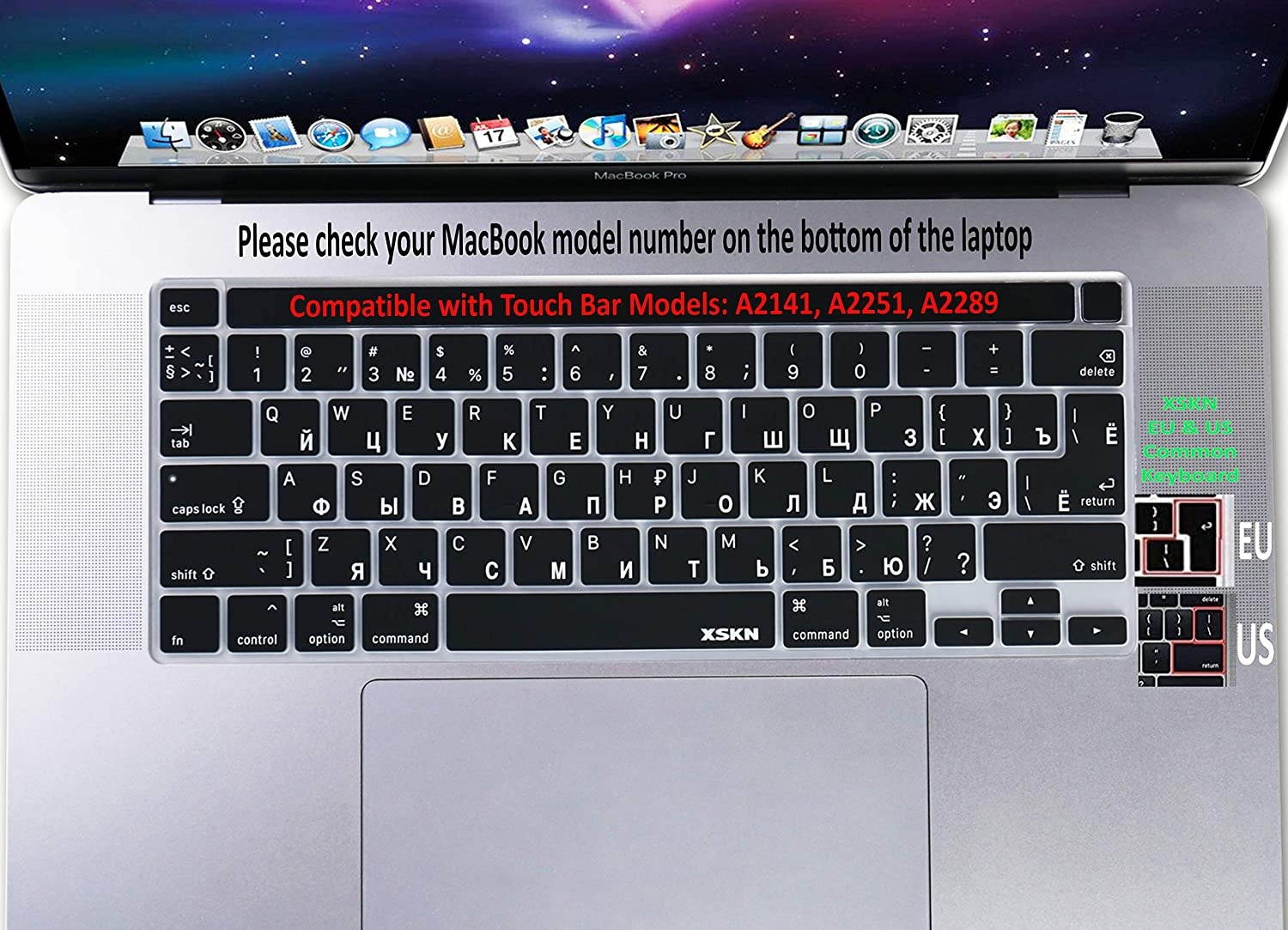 XSKN Russian/English Language Black Silicone Keyboard Cover Skin for 2019 MacBook Pro 16 inch A2141 and 2020 MacBook Pro 13.3 inch A2338 M1 A2251 A2289 with Touch Bar & Touch ID US EU Common Version