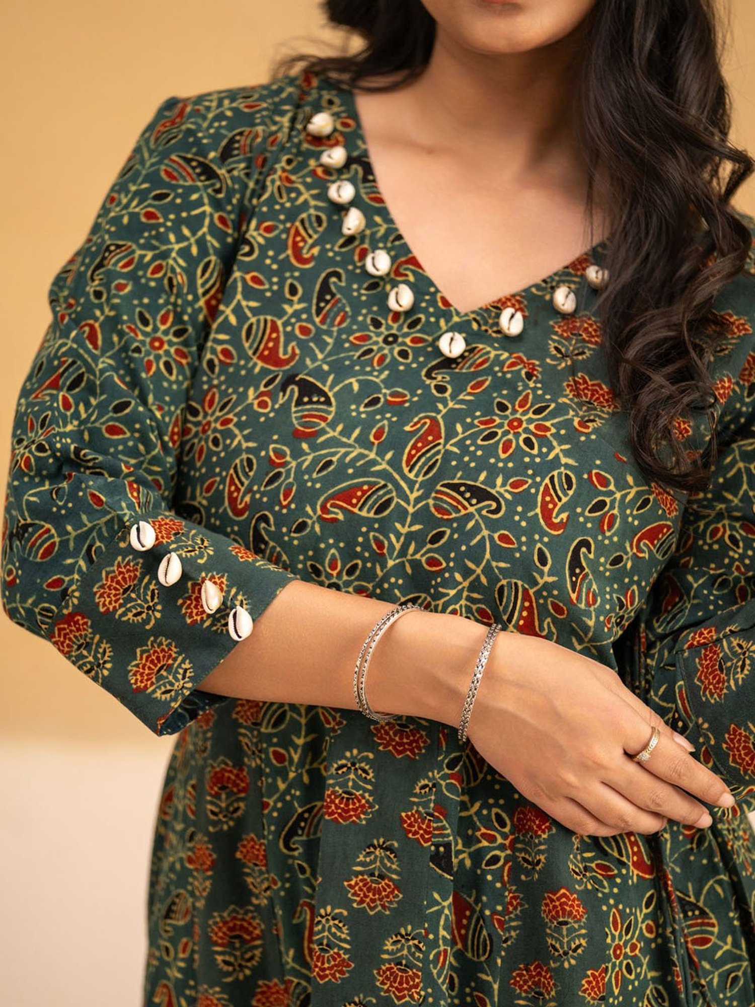 Love Chic Ajrakh Anarkali Kurta with cowrie shells