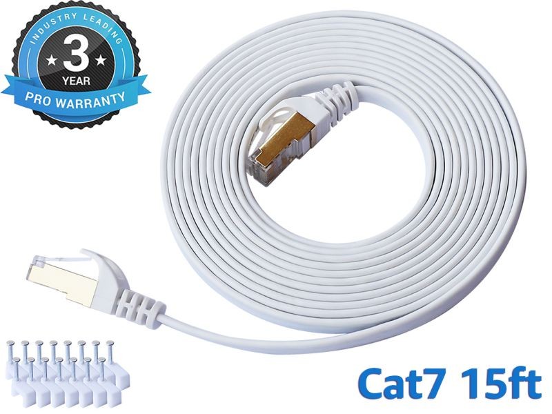 Cat 7 Ethernet Cable 100 ft LAN Cable Internet Network Cord for PS4, Xbox, Router, Modem, Gaming, White Flat Shielded 10 Gigabit RJ45 High Speed Computer Patch Wire.