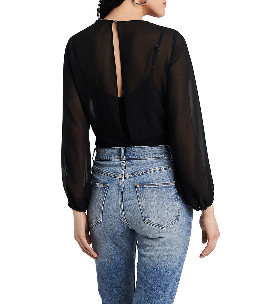 1. STATE Long Sleeve Crew Neck Sheer Mixed Media Bodysuit