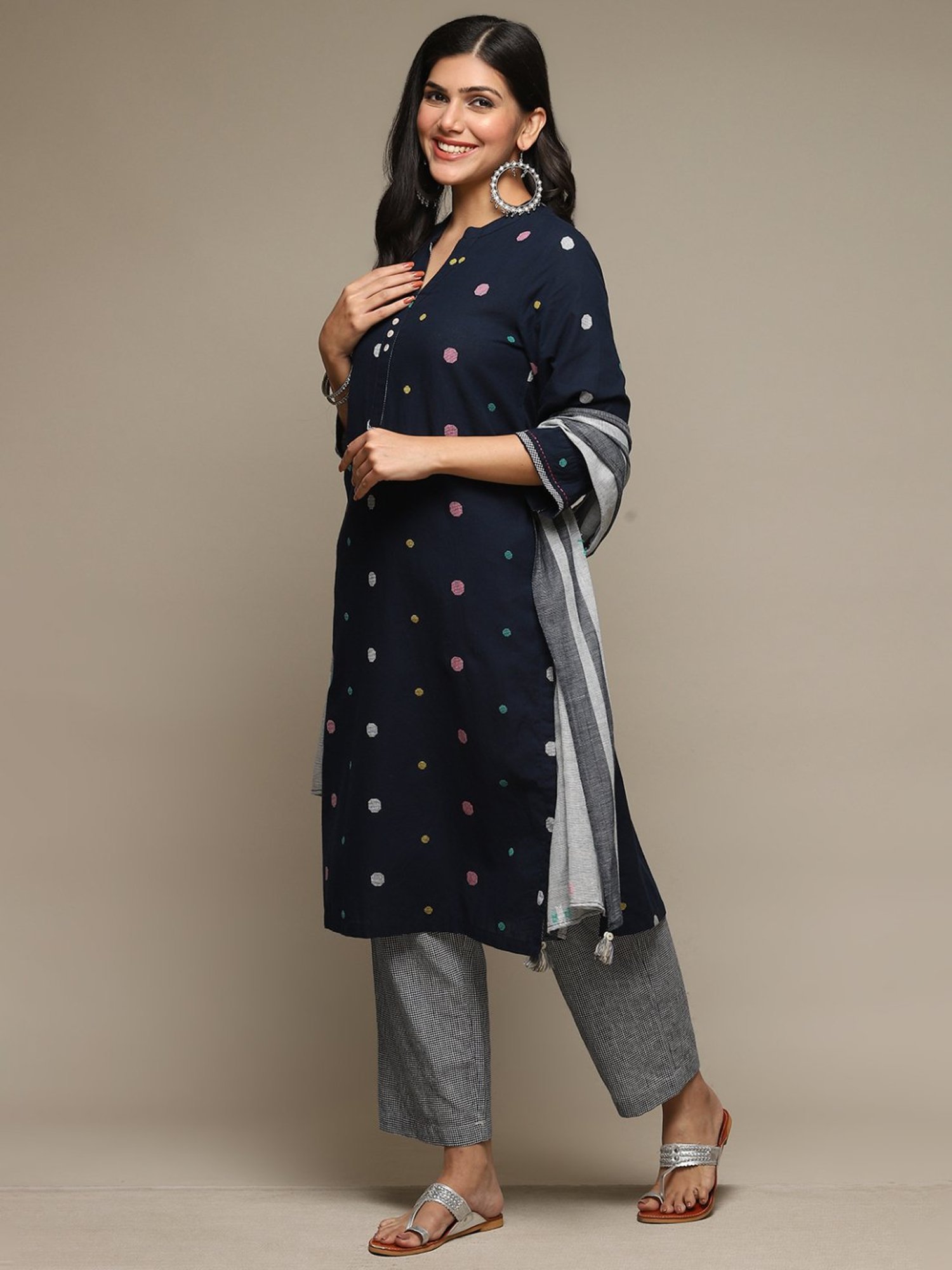 Biba Navy Cotton Embroidered Kurta Palazzo With Dupatta
