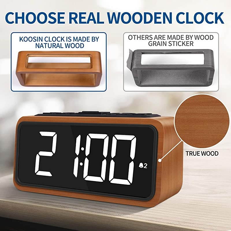 Alarm Clock, Large LED Display Wood Digital FM Alarm Clock, Adjustable Brightness Dimmer and Snooze, Simple LED Clock with Dual Alarm, 12/24 Hour, Powered by AC Adapter (White LED)