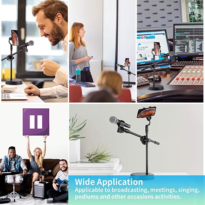 Desk Microphone Stand with Smartphone Holder, Adjustable mic stand with Non-Slip mic holder clamp, Heavy Round Base