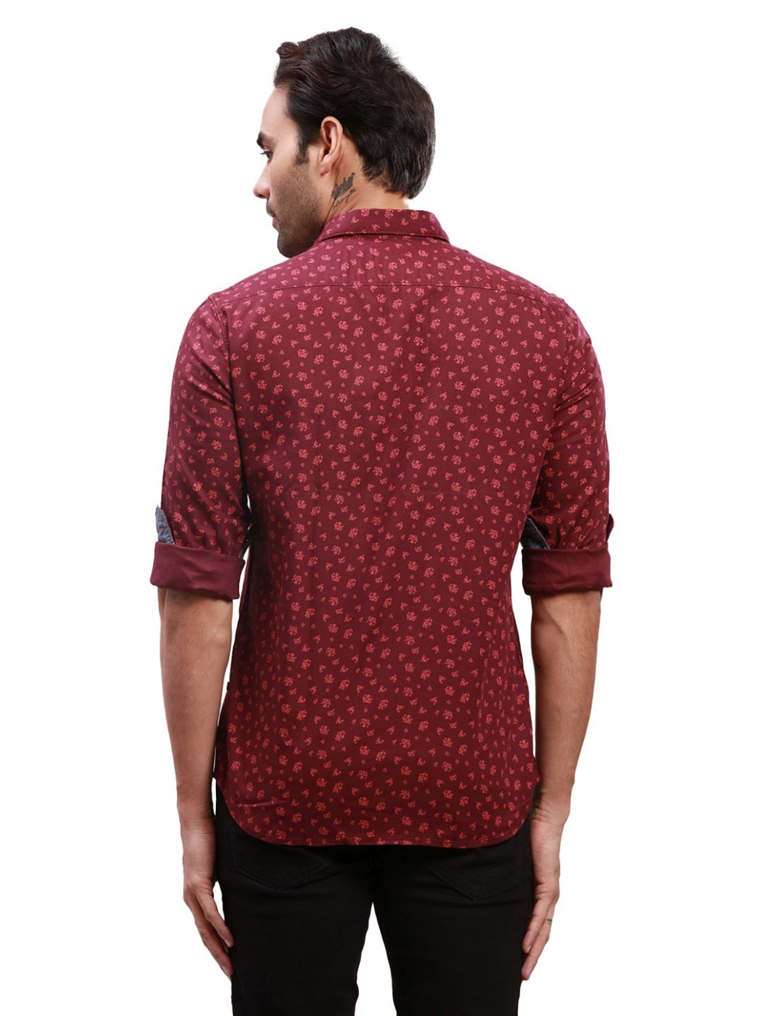 Parx Red Cotton Slim Fit Printed Shirt
