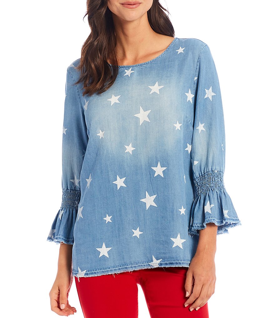 Multiples Petite Size Star Print Tencel Scoop Neck 3/4 Bell Sleeve Fringe Hem Top