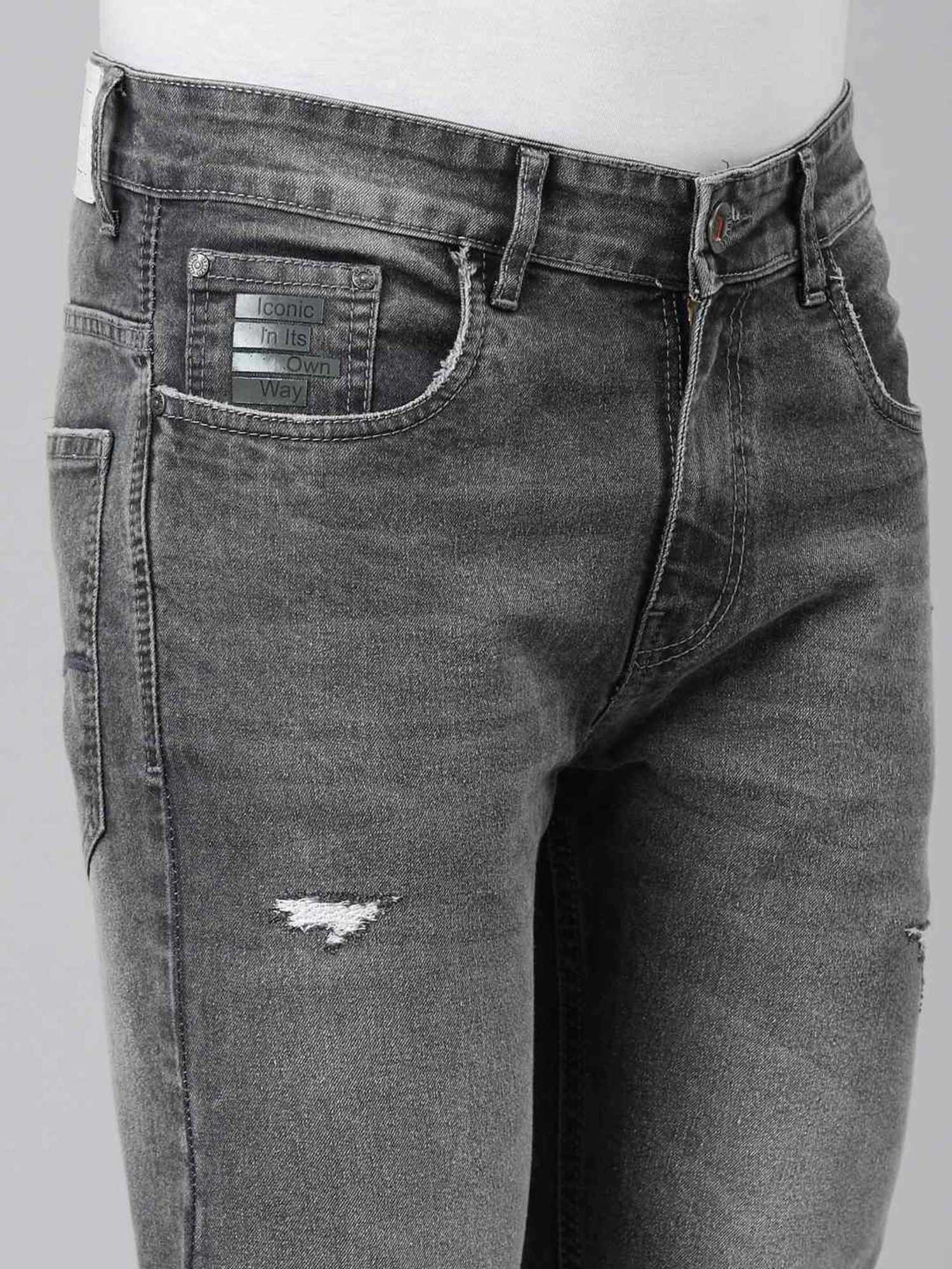 CINOCCI Grey Cotton Slim Fit Distressed Jeans