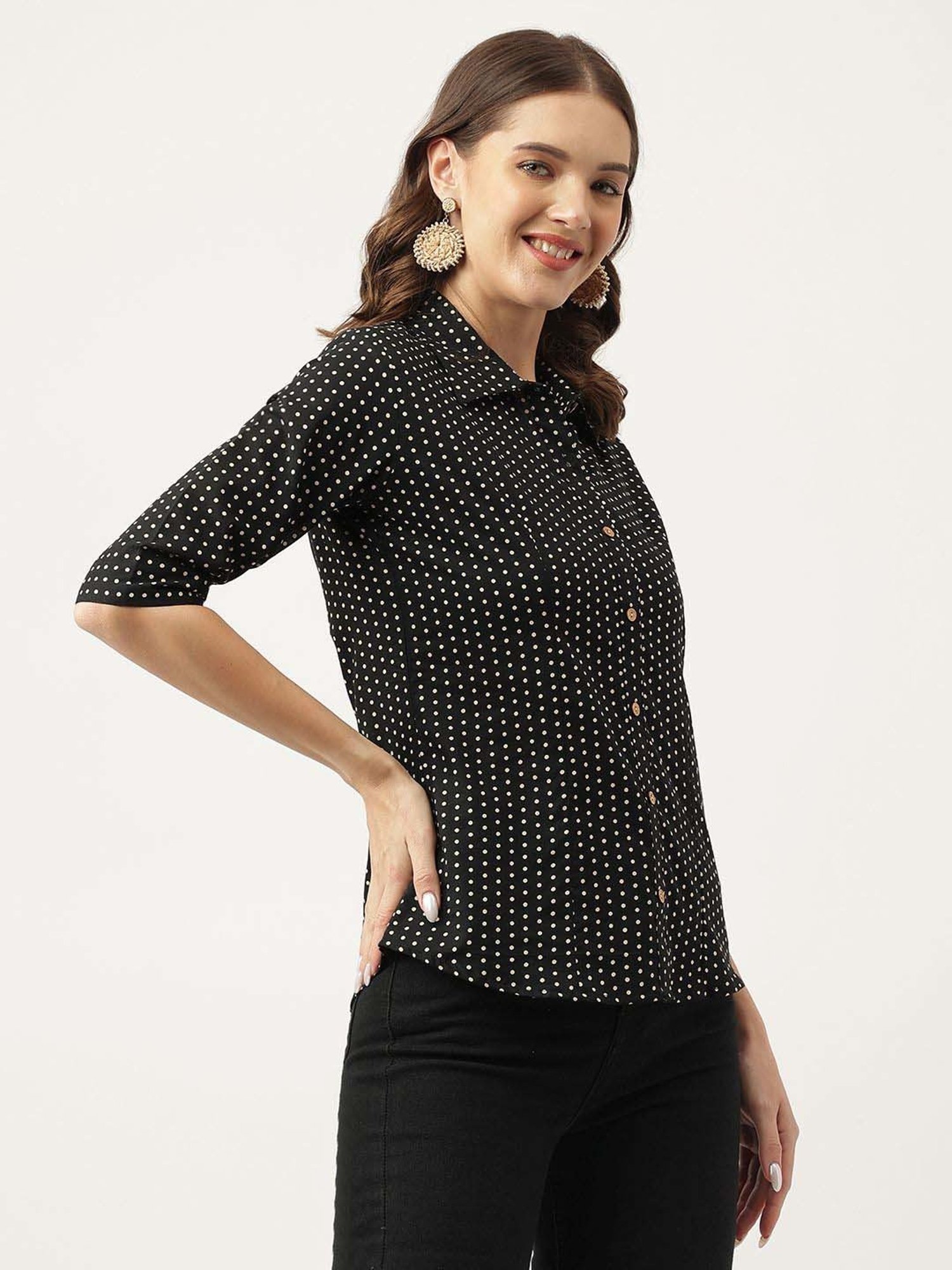 Divena Black Cotton Polka Dots Top