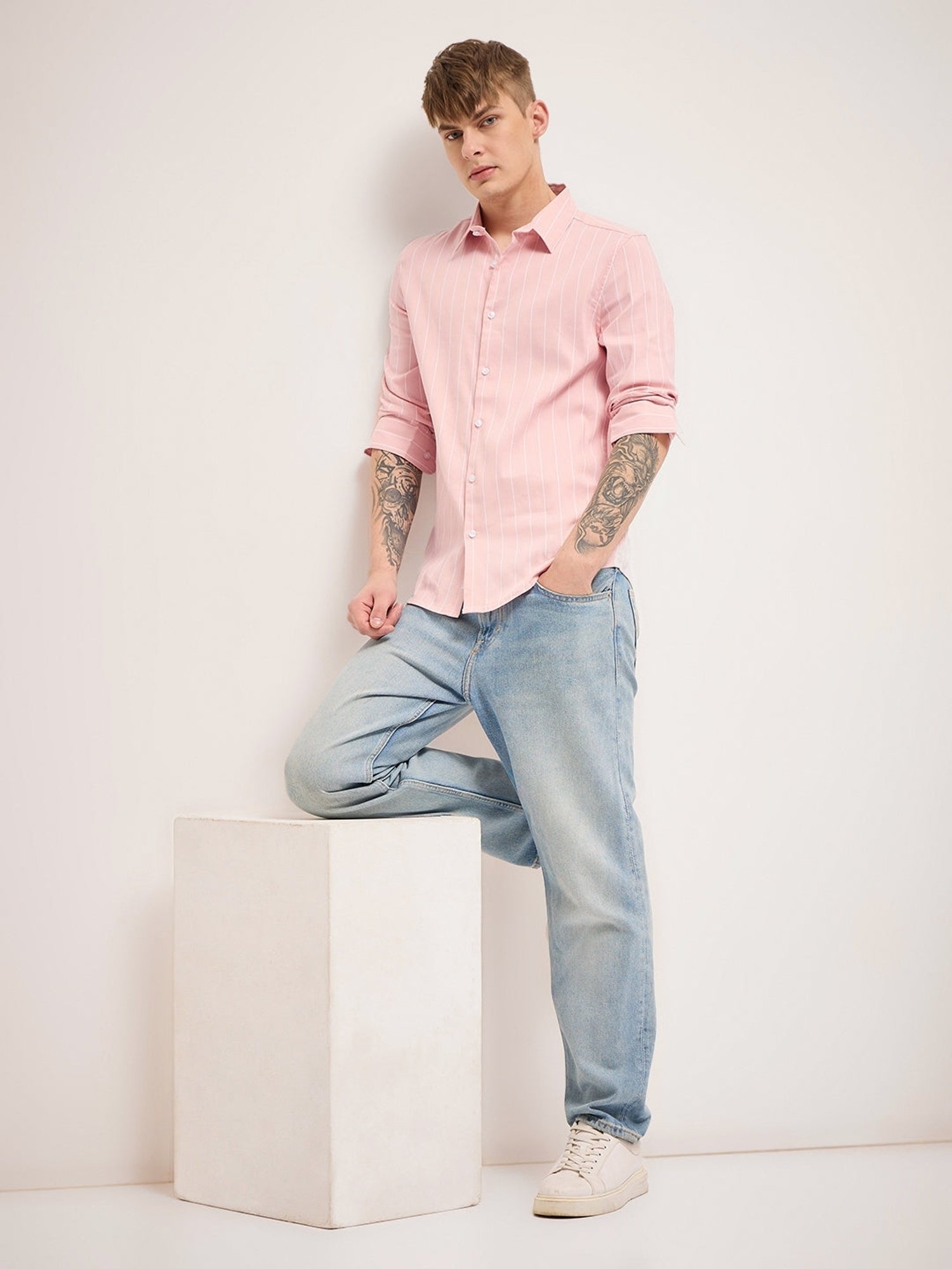 The Bear House Pink Slim Fit Striped Shirt