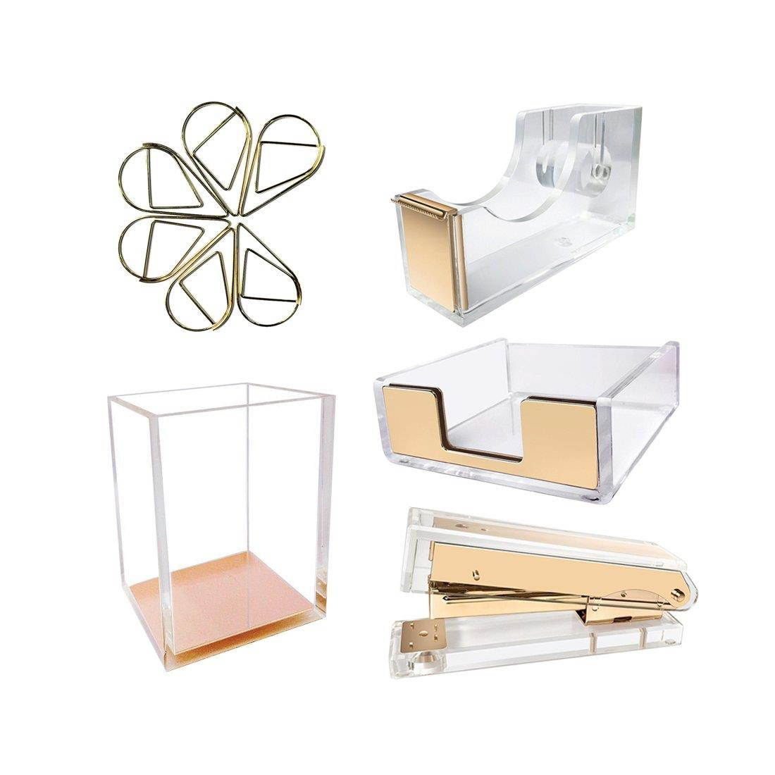 UNIQOOO 5 Count Super Thick Clear Acrylic Gold Finish Stationery Set - Desk Stapler, Pen Holder, Tape Dispenser, Memo Case, Paper Clips- Great for Modern Office, Arts Lover, Calligrapher, Xmas Gift