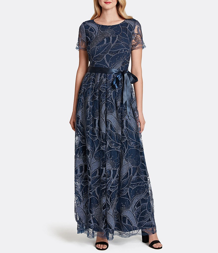 Tahari ASL Embroidered Jewel Neck Lace Knit Gown