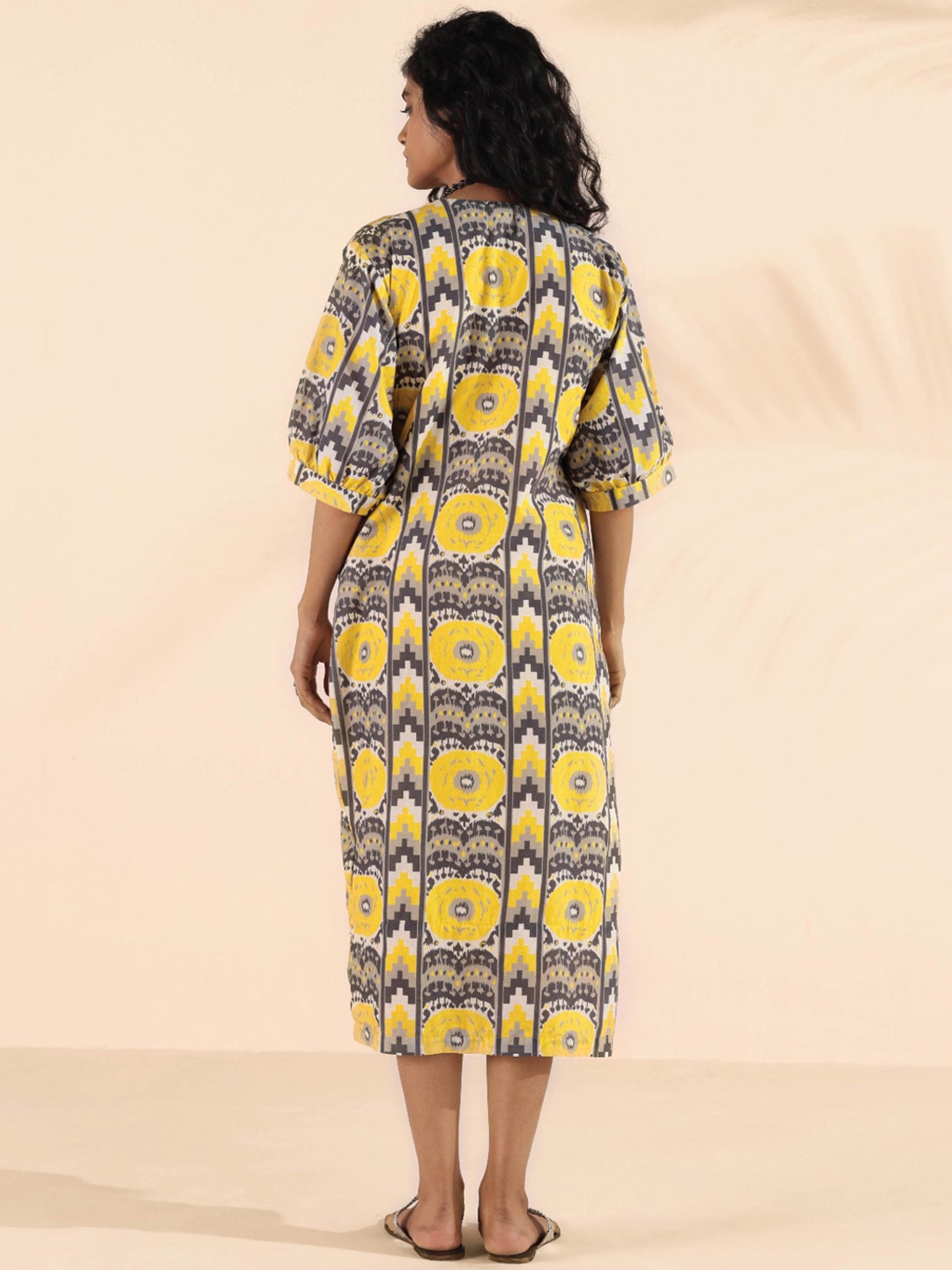 true Browns Grey & Yellow Printed A-Line Dress