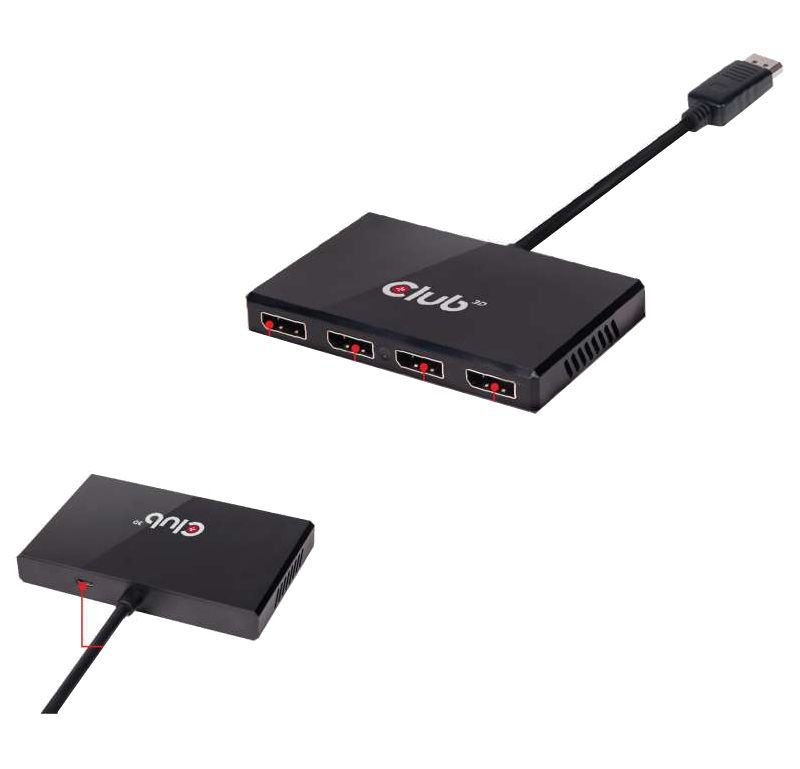 Club 3D Multi Stream Transport (MST) Hub DisplayPort 1.2 Quad Monitor USB Powered - 3840 ?? 2160 - DisplayPort - USB