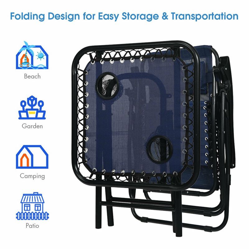 Costway 3PCS Zero Gravity Recliner Lounge Chairs Pillows Table Portable Folding Navy