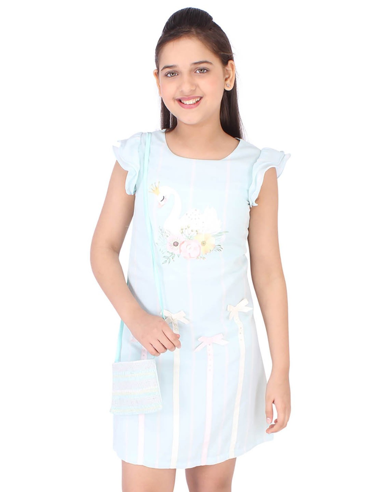 Cutecumber Kids Aqua Printed Dress with Sling Bag