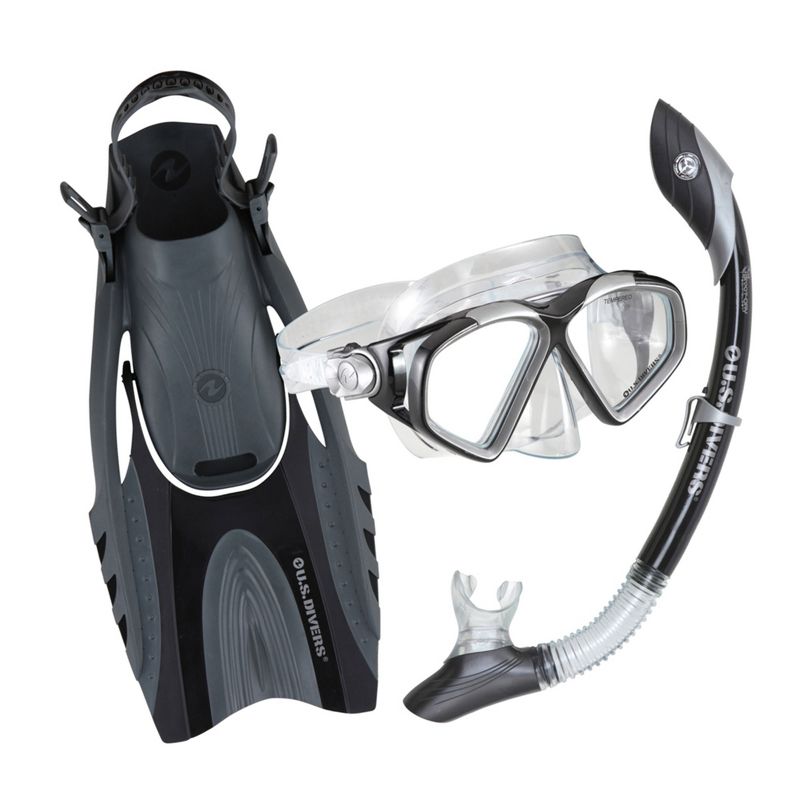 U.S. Divers Adult Cozumel TX Island Dry Snorkeling Combo Set with Adjustable Mask, Snorkel, and Small/Medium Fins (Men's 4-8.5/Women's 5-9.5), Black