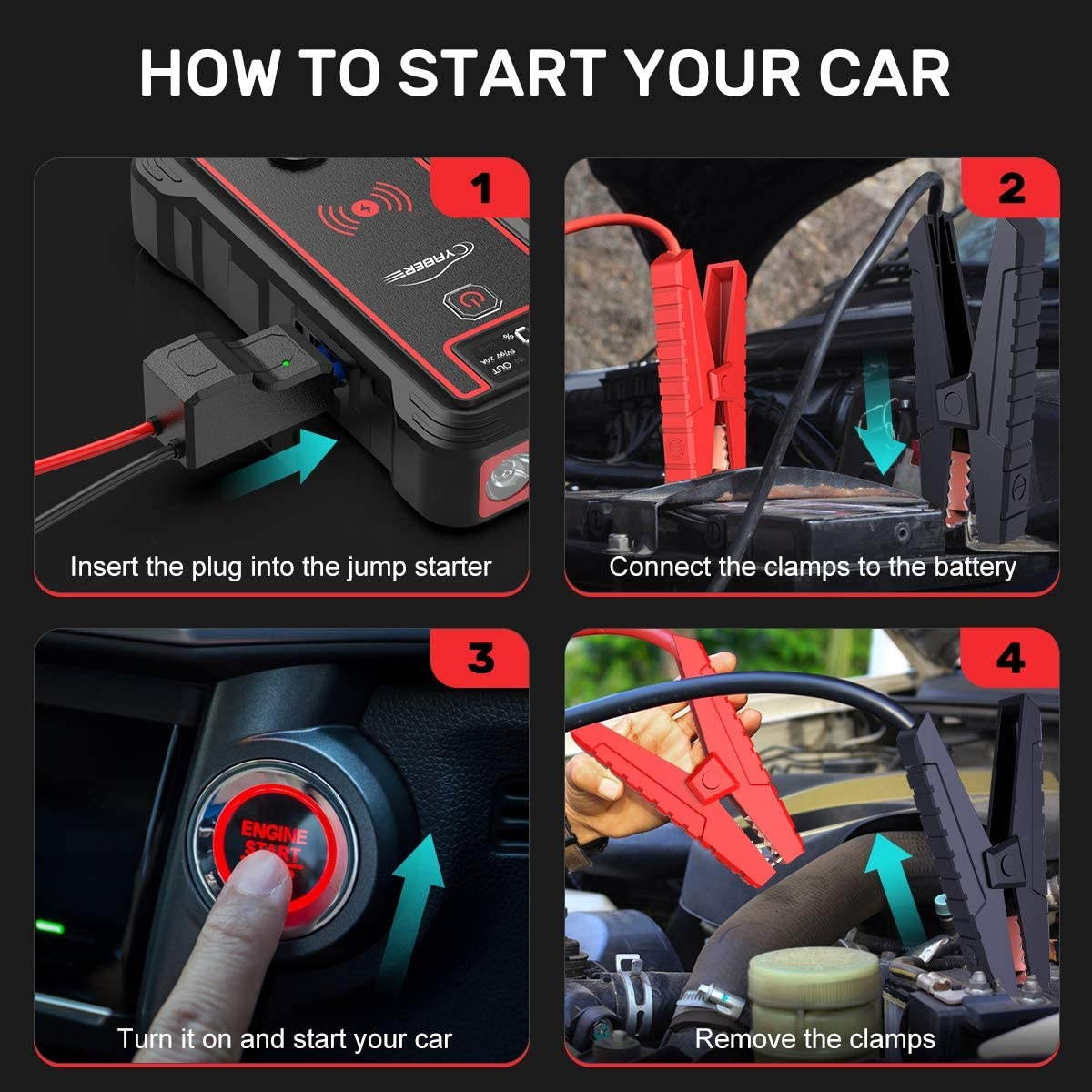 YABER Car Jump Starter, 2500A Peak 23800mAh Car Battery Jump Starter(All Gas or 8.0L Diesel) Portable Wireless Charger with LED Flashlight, EC5 Cigarette Lighter, Safety Hammer, LCD Screen