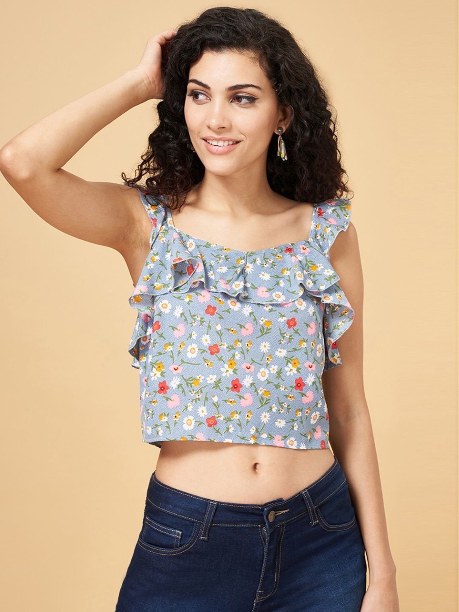 YU by Pantaloons Blue Floral Print Crop Top
