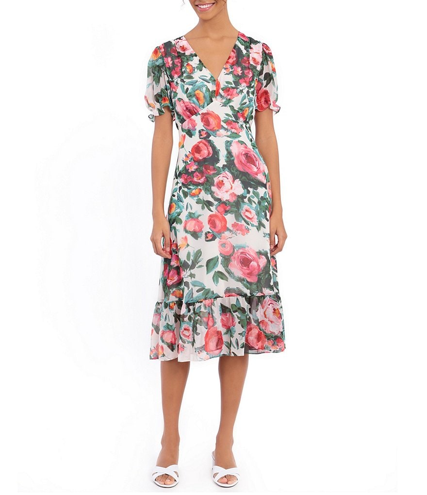 Jkara Petite Size V-Neck 3/4 Sleeve Beaded Bodice Gown