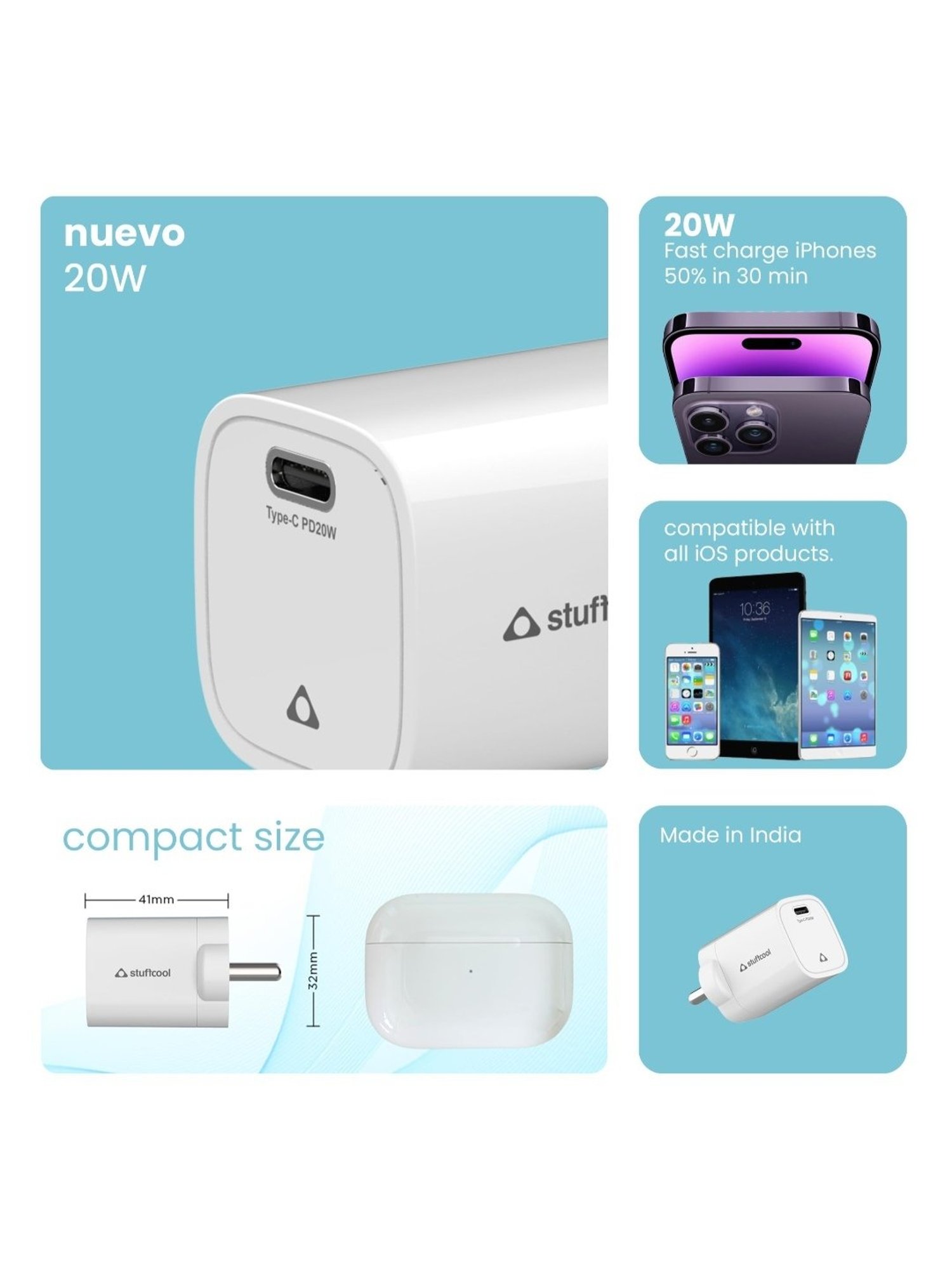 Stuffcool Nuevo PD20W Smallest Wall Charger for Latest iPhone 15,14,13,12 (White)
