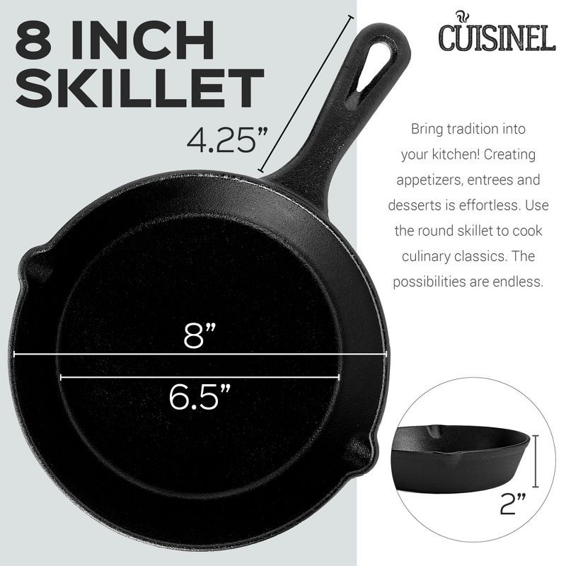 Cuisinel C12608-G 8 Inch Pre Seasoned Cast Iron Skillet Frying Pan Cookware for Indoor and Outdoor Cooking with Glass Lid and Handle Cover