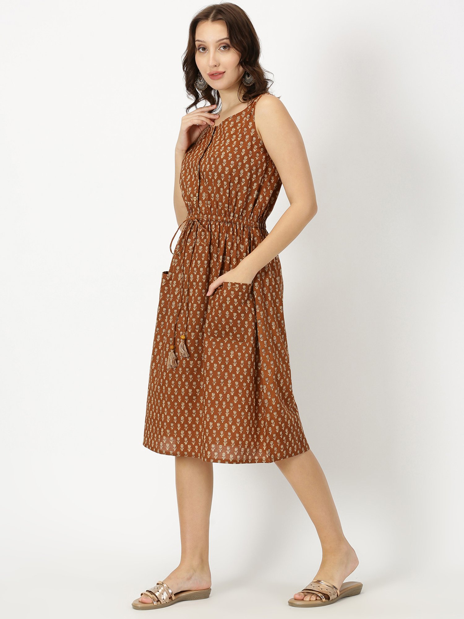 Saffron Threads Brown Cotton Floral Print Ethnic Dress