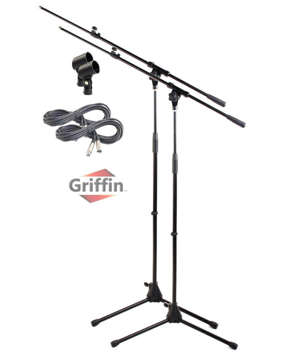 Tripod Microphone Boom Stand with XLR Mic Cable & Clip (Pack of 2) by GRIFFIN | Telescoping Arm for Studio Recording Accessories, Singing Vocal Karaoke, Live Stage | 20ft Pro Audio Mic Cord Wire 3-Pin