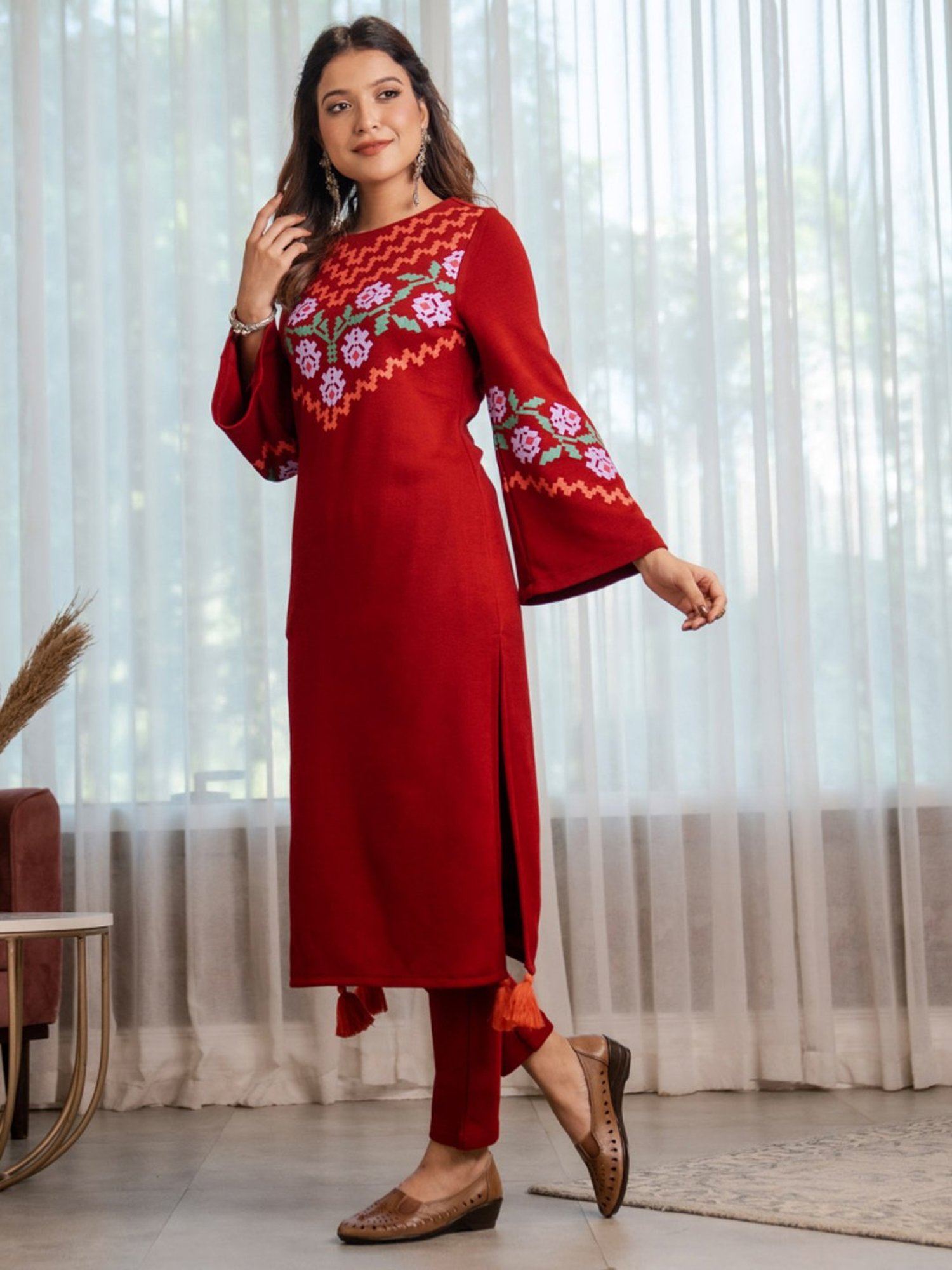 Rustorange Maroon Printed Straight Kurta